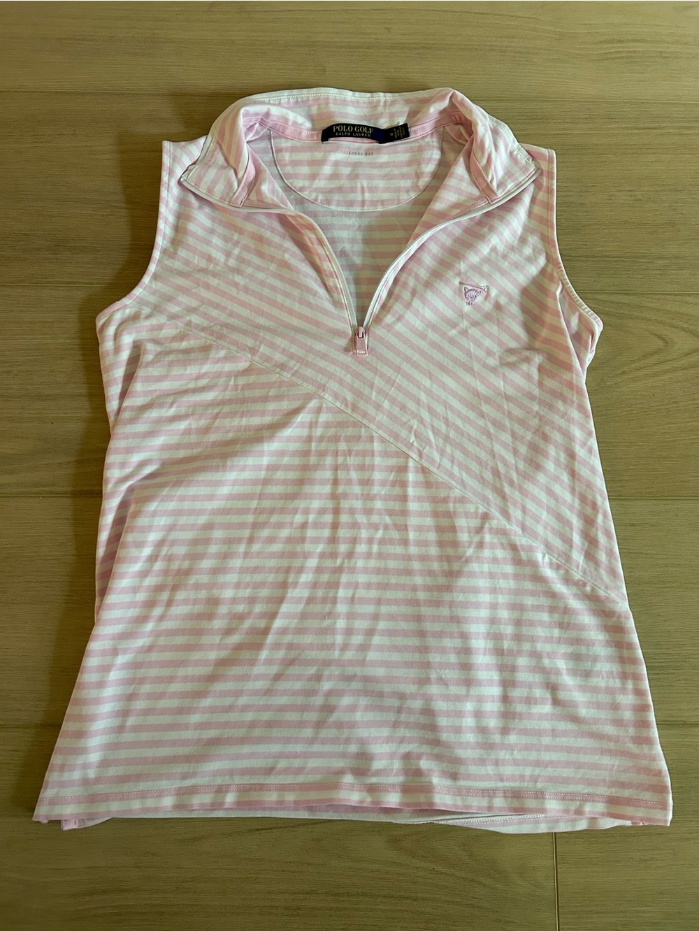 Polo Golf Ralph Lauren Women's Pink Striped Sleeveless 1/4 Zip Collared Shirt